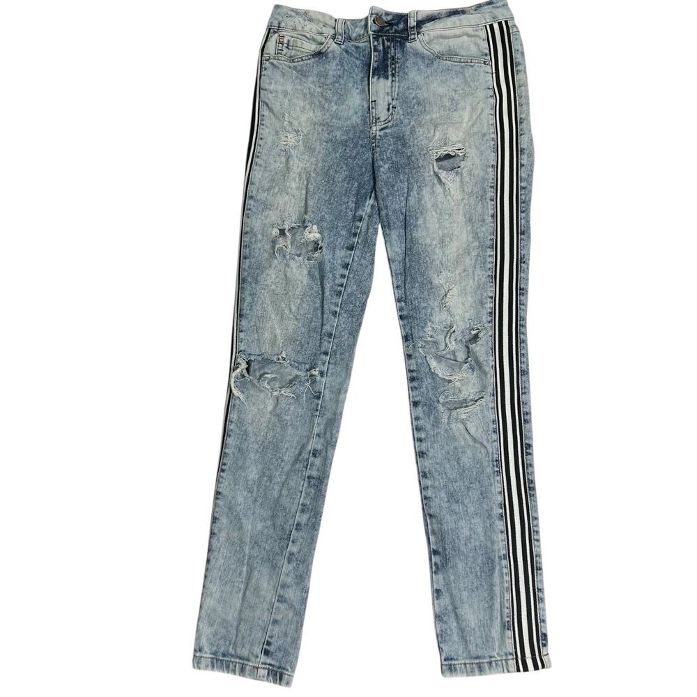 Claudia Rabelo Jeans Womens 28 Acid Distressed Straight Leg Denim Side Stripes